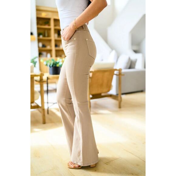 Judy Blue High Rise Double Waistband Flare Pant 7/28 Khaki Denim Tummy Control - Picture 2 of 15